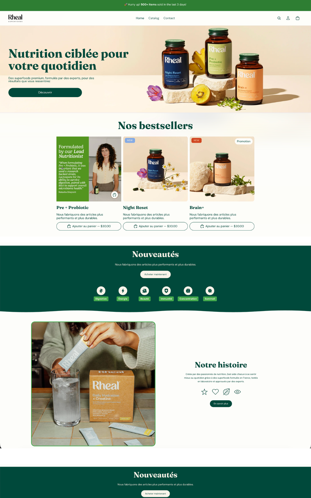 Exemple de boutique Shopify nutrition recréée avec Crona